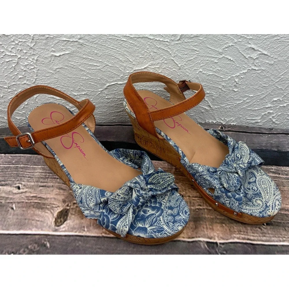 Jessica Simpson Fabiana Wedge Sandals Womens 4M Blue Paisley Bow Cork Platform